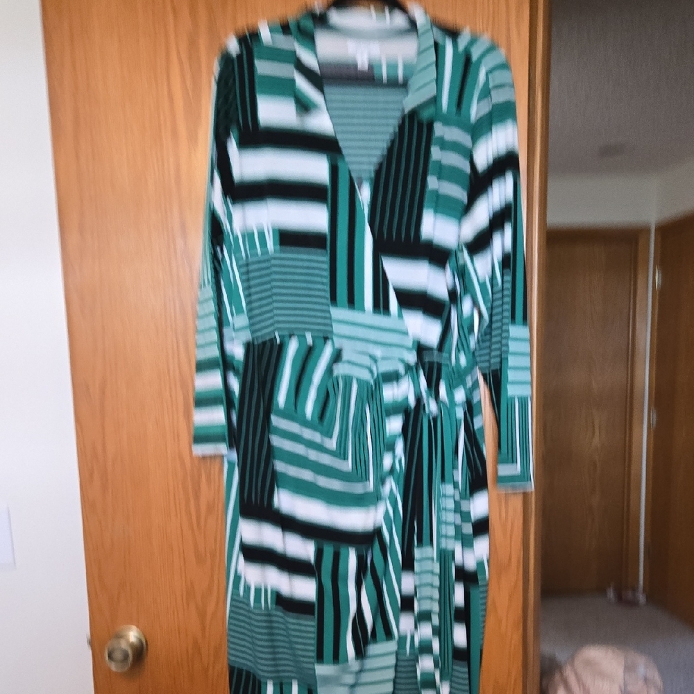 Nine West Green and Black Striped Long Sleeve Dress